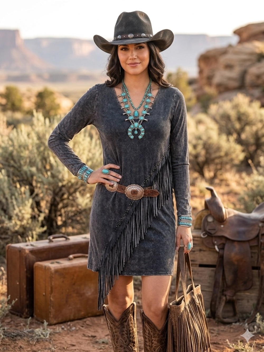 T-Party Charcoal Long Sleeve Fringe Dress with Studs - Size M - Picture 1 of 14